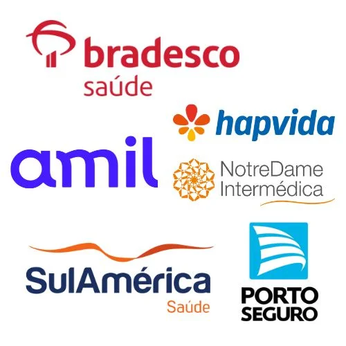 Logotipos das principais operadoras de planos de saúde parceiras: Bradesco Saúde, Hapvida, Amil, NotreDame Intermédica, SulAmérica e Porto Seguro